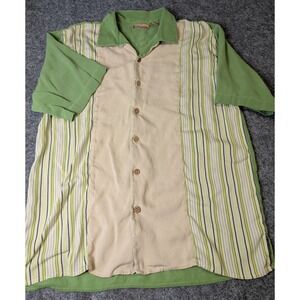 Bobby Chan 100% Silk Shirt Men's Large Green/Tan/White Short Sleeve Casual EUC
